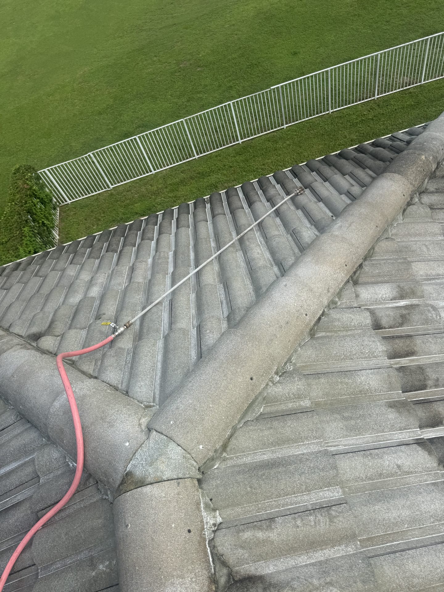 Tile roof soft wash in progress — half cleaned, half dirty