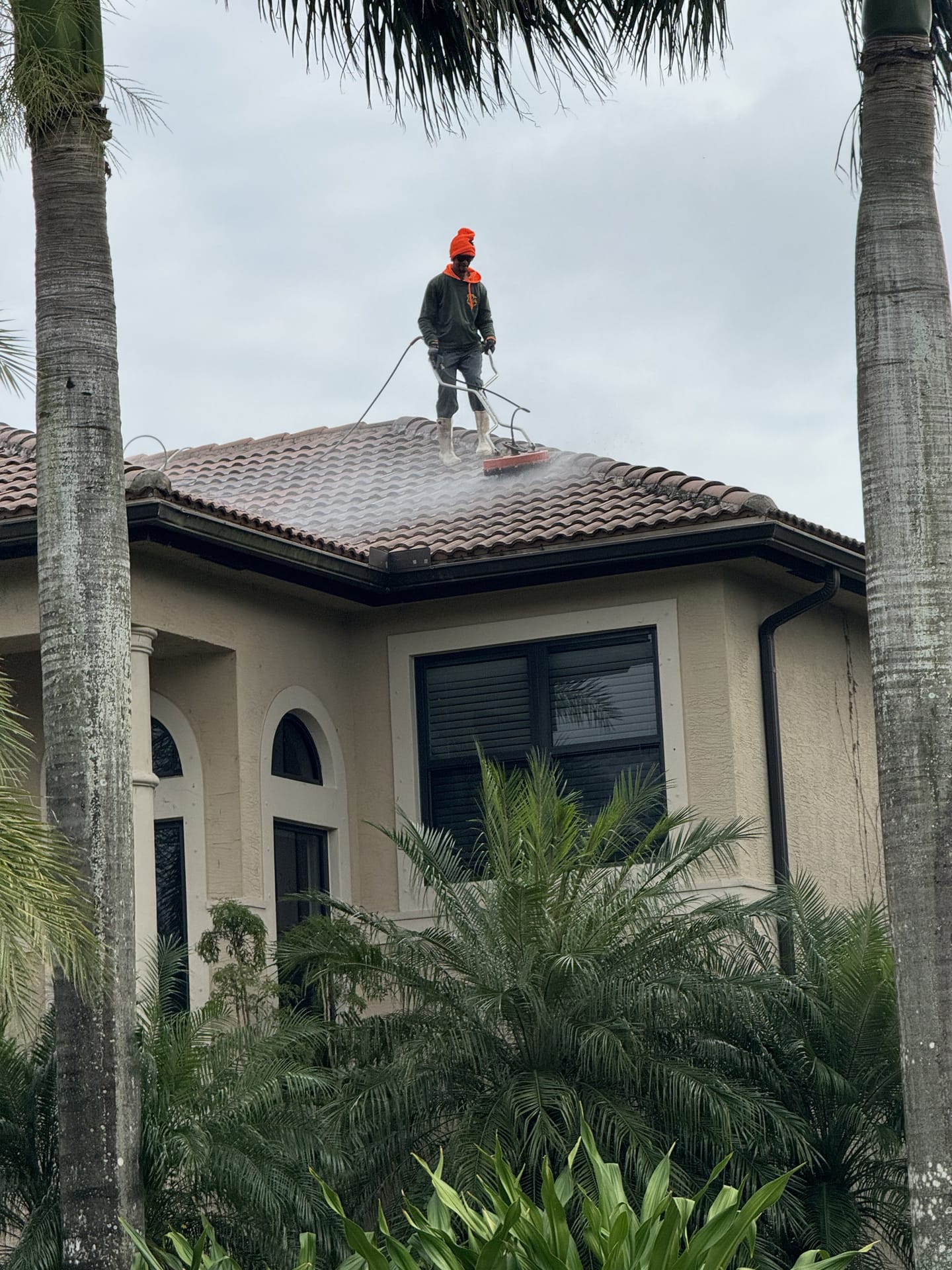 Soft washing a luxury home's tile roof framed by palms