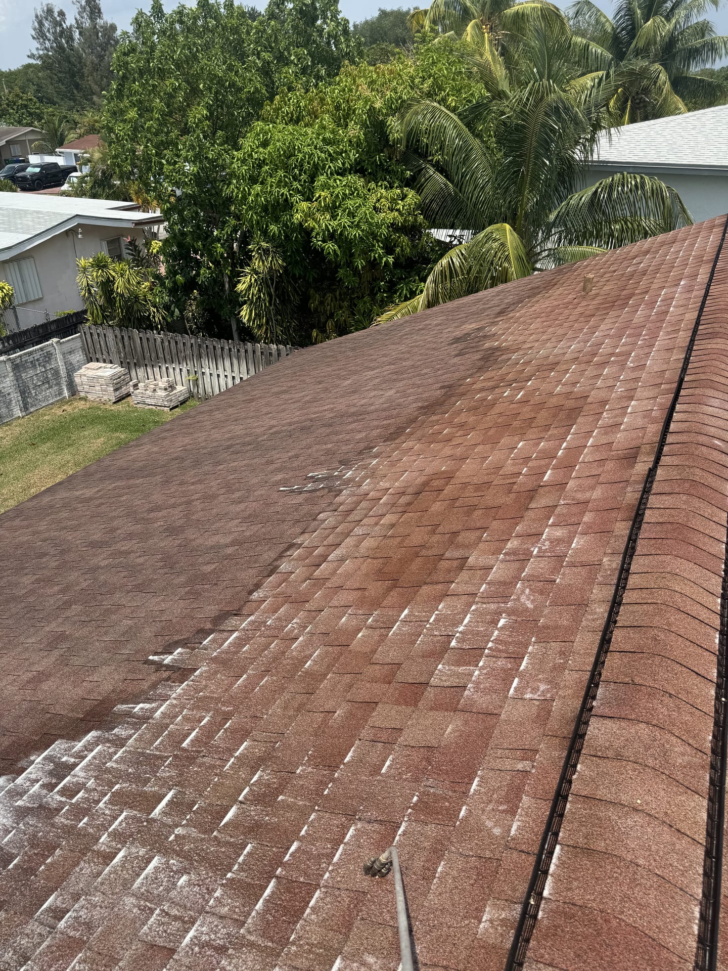 Asphalt shingle roof cleaning showing clear results